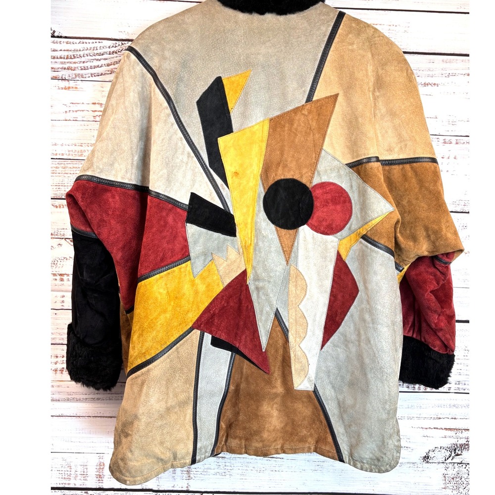 Vintage 80s Suede‎ Leather Patchwork Jacket Fur Collar Geometric Art Earth L OOK